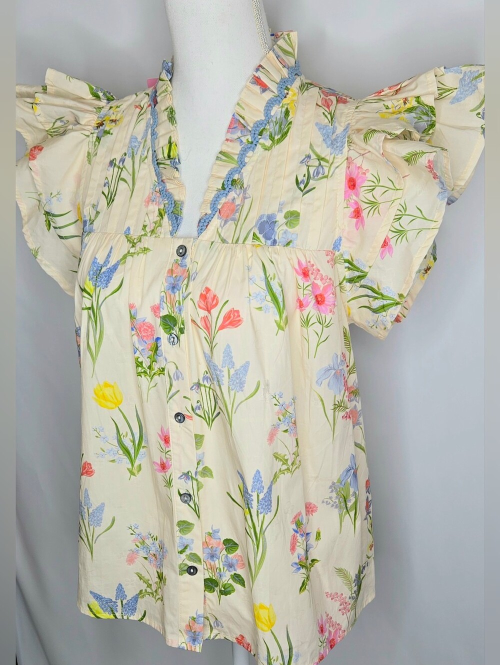 entro Meadow Bloom Flutter Sleeve Floral Ruffle V-Neck Cotton Blouse Top NWOT M - Picture 2 of 9